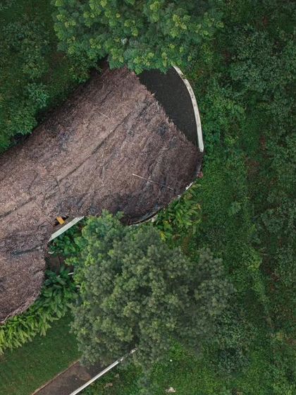An aerial view shows how the eco-retreat is nestled within the dense green canopy, demonstrating a commitment to low-impact, sustainable architecture.