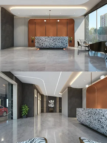 The lobby design for our upcoming Jade Crest project in Matunga. We used a combination of terrazzo, textured grey stone, and warm metallic accents to create a sophisticated and modern reception area that feels both luxurious and welcoming.