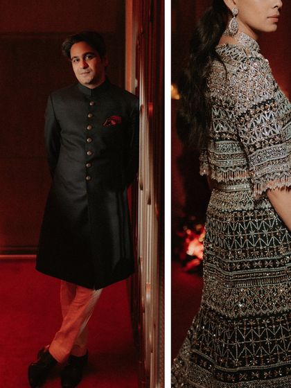 A stylish portrait of the couple at their Sangeet. The bride's diamond-studded lehenga and the groom's classic bandhgala create a look of modern elegance.