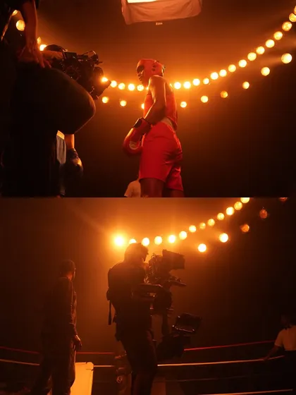 A shot from the Star Cement ad, where we used a ring of warm practical bulbs to create a vintage boxing gym feel. The bottom image shows the setup from a wider angle.