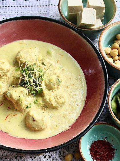 The ingredients for our Chickpea Gnocchi laid out. You can see the fresh chickpeas, tofu, and edamame that go into making this unique and protein-rich dish.