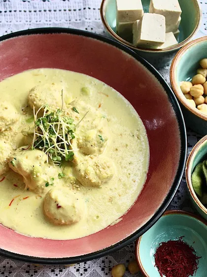 The ingredients for our Chickpea Gnocchi laid out. You can see the fresh chickpeas, tofu, and edamame that go into making this unique and protein-rich dish.