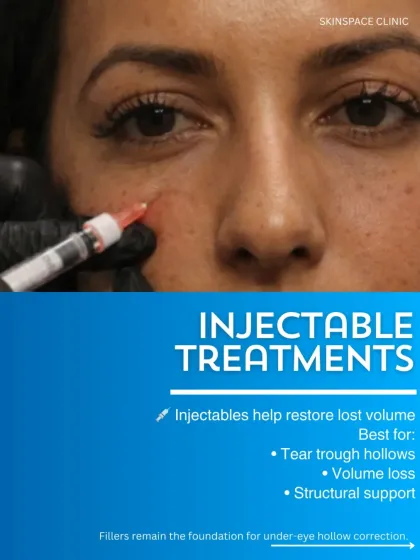 Injectable treatments, particularly hyaluronic acid fillers, are the foundation for correcting volume loss under the eyes. They are best for restoring structure in tear trough hollows, providing support where the skin has thinned and sunken over time.