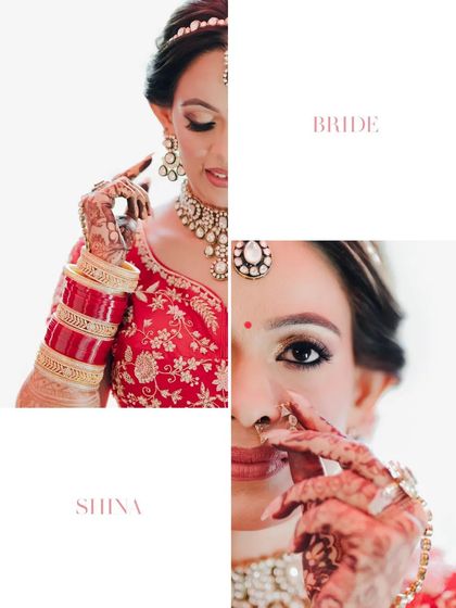 A collage of close-up bridal portraits, focusing on her beautiful features and intricate jewelry.