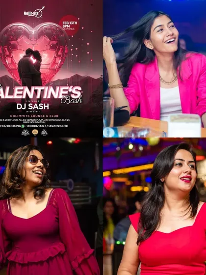 Another collage from the Valentine's Bash, showing the crowd dressed in red and pink, enjoying the vibe.