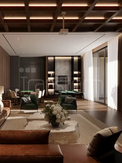 This leisure space is grounded in the cozy and warm qualities of brown. The design includes a comfortable leather sofa, a gaming table, and a pool table area, making it a perfect retreat for relaxation and entertainment.