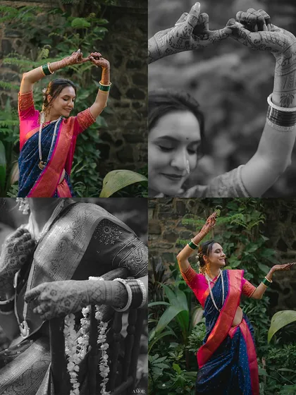 More of Shreya's beautiful Bharatnatyam poses, showcasing her grace and the vibrant colors of her Navari saree against the lush greenery. This highlights how we incorporate personal talents into wedding portraits.