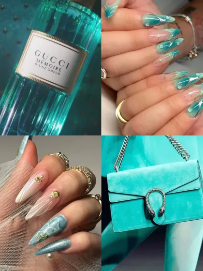 Luxury monsoon inspiration. This collage pairs teal and clear nail designs with high-end accessories like a Gucci perfume and handbag.