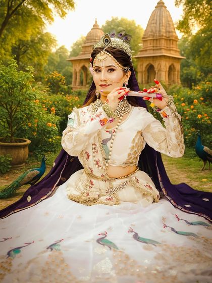 A full portrait of the Radha look in a serene garden setting. The styling, pose, and location all contribute to telling a story, a key aspect of professional portfolio work.