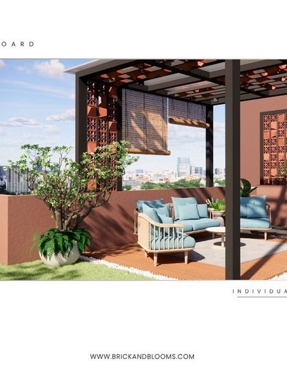 Our design for this terrace uses terracotta screens and planters to create zones and add a warm, earthy feel. The space is designed to be both beautiful and functional, with ample seating for guests.