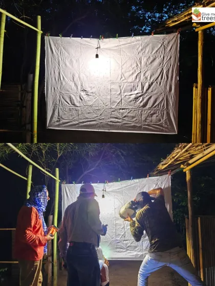 Setting up for a moth screening at our Sorkha plantation site. A simple white sheet and a light are all it takes to reveal the hidden nocturnal biodiversity of a forest.