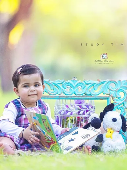 It's never too early to start learning. This "study time" theme is a charming way to capture your little one's early interactions with books and toys.