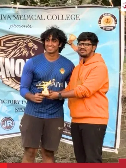 Goalkeeper Shourya Shetty receives the Best Goalkeeper trophy for his crucial saves during the Vanquish 2026 tournament.