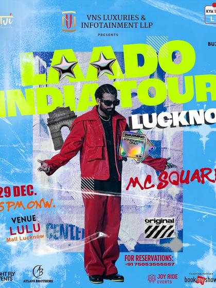 The official poster for MC Square's Laado India Tour in Lucknow. The vibrant, high-impact design is made to grab attention on a crowded social media feed.