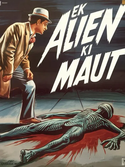 The poster for 'Ek Alien Ki Maut', designed in the style of a classic Indian pulp-noir thriller. The dramatic typography and painted style are key elements.