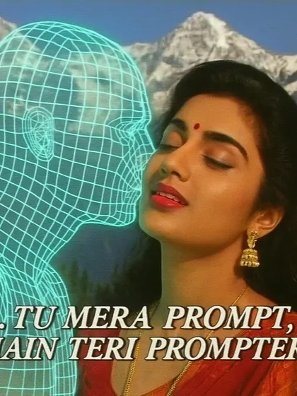 A retro Bollywood scene with a woman and a wireframe man, captioned '...Tu mera prompt, main teri prompter...'. A romantic and nerdy joke for the AI art community.