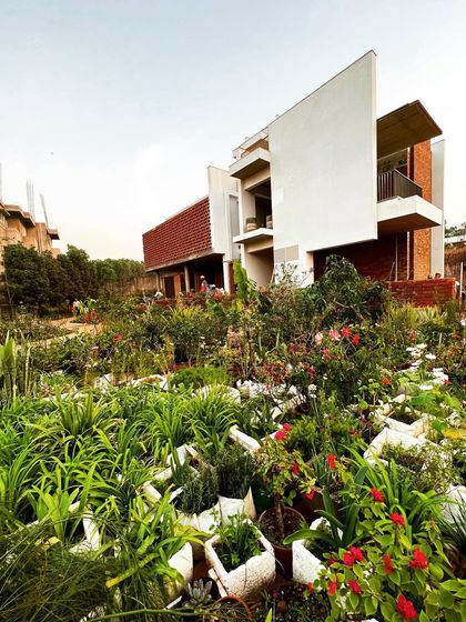 A work-in-progress shot of "Villa 34," with plants and flowers waiting to be placed in their new home. The landscape is a critical component of the overall design.