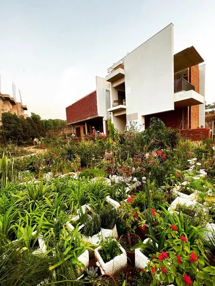 A work-in-progress shot of "Villa 34," with plants and flowers waiting to be placed in their new home. The landscape is a critical component of the overall design.