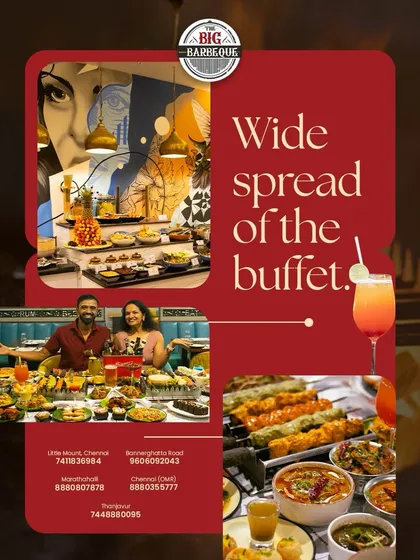 A wide spread of the buffet for every occasion. This collage showcases our vibrant ambiance, happy guests, and a close-up of our delicious grilled skewers and main courses.