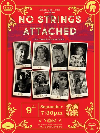 A double bill poster featuring the improv show "NO STRINGS ATTACHED" and the Kannada comedy play "IDDAGA NIMDU KADDAGA NAMDU."
