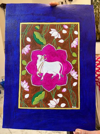 A closer look at the beautiful details in Pratima's Pichwai painting. We guide students through the intricate patterns and vibrant color choices that define this traditional art form.