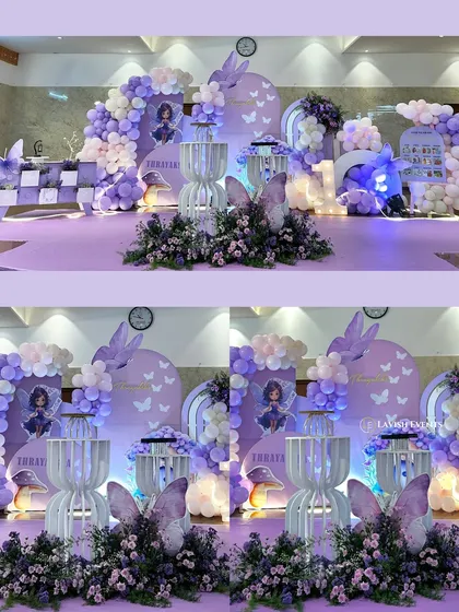 I create enchanting fairytale settings with a modern touch. This butterfly theme uses a beautiful lavender color scheme, custom 3D props, and soft lighting to build a whimsical world for your child's birthday.