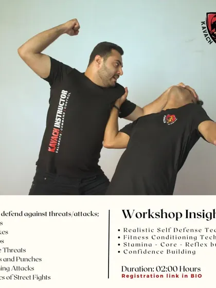 A graphic detailing a workshop for men, covering defenses against holds, chokes, and street fight basics.