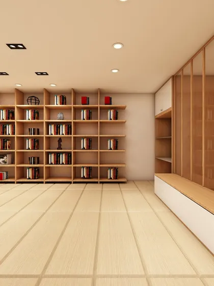 This 3D render shows an expansive library and resource area within an office. The floor-to-ceiling wooden bookshelves provide massive storage capacity while adding a warm, academic feel to the workspace.