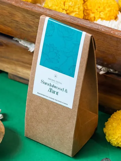 The fresh and earthy scent of our Sandalwood & Mint incense cones. These dhoop cones are handcrafted and scented with calming aromas, ideal for your daily relaxation rituals.