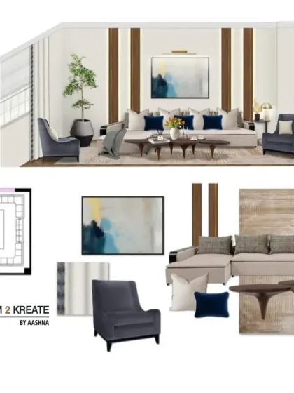 This mood board and layout plan for a living room visualizes the final look. It helps clients see how the furniture, color palette, and decor will come together before making any commitments.