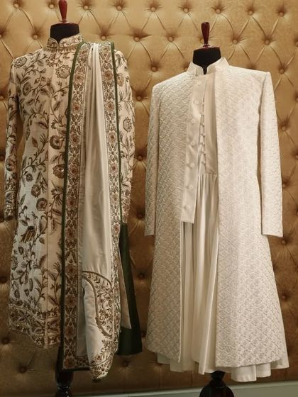 A glimpse into our diverse sherwani collection. Whether you prefer intricate florals or subtle textures, we curate the perfect ensemble for your special day.