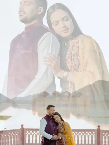 A creative double-exposure shot, blending an intimate portrait with the stunning landscape of Jal Mahal. This artistic technique adds a unique and dreamy quality to your pre-wedding album.