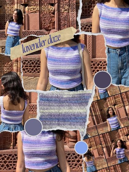 A little collage I made for my lavender daze tank top. It shows off the beautiful variegated yarn and different angles of the finished piece. It feels like a page from my journal.