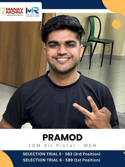 We celebrate consistent excellence. Our Khelo India athlete, Pramod, is seen here after securing 1st position in Selection Trial 6 and 3rd in Trial 5 for the 10M Air Pistol Men event, showcasing his dedication.
