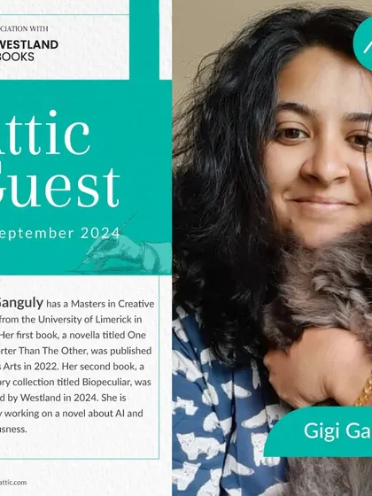 Author Gigi Ganguly, whose work spans from novellas to short story collections, discussed her creative process and her current work on a novel about AI.