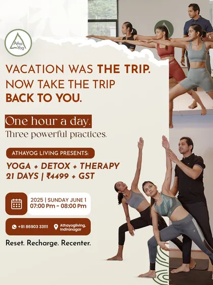 After a vacation, the journey back to your routine can be tough. We created this 21-day Vacation Recovery Package, combining yoga, detox, and therapy to help you reset, recharge, and recenter. It is a targeted program to bring your mind and body back into balance.