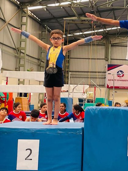 Our youngest gymnast, Saurvik Khanna, on the podium after winning an incredible six silver medals at the All India Level Gymnastics Competition in Pune. A huge achievement for a rising star.