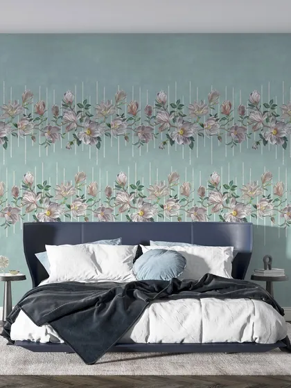 A beautiful floral border design on a serene aqua background. This wallcovering from the Florina collection is perfect for creating a peaceful and elegant atmosphere in a bedroom.