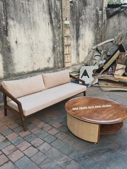 The complete sofa and coffee table set, ready for delivery.