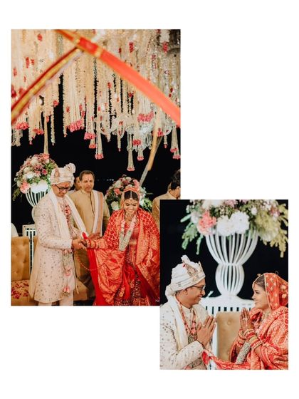 Two moments from Eesha and Tarun's ceremony under a stunning floral mandap, capturing their vows and interactions.