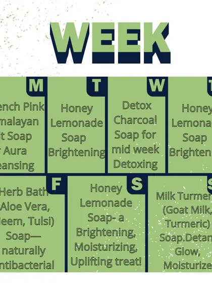 Our weekly bath ritual guide. We suggest a different soap for each day to target specific needs, from aura cleansing with French Pink Salt to detoxing with Charcoal.