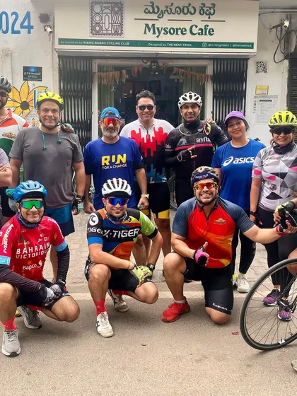 The whole gang outside Mysore Cafe. Our rides often end with a delicious South Indian breakfast.