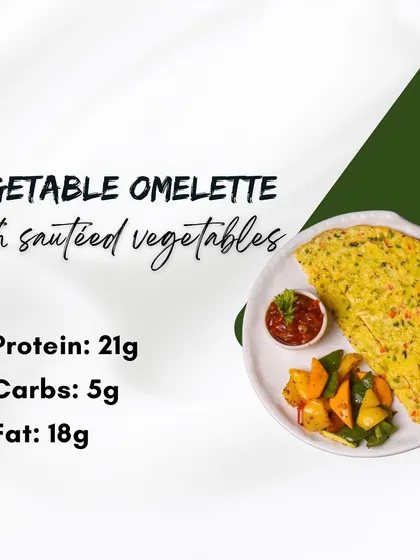 Kickstart your day with my nutritious Vegetable Omelette. It's packed with 21g of protein, fresh ingredients, and served with sautéed vegetables, making it the ultimate all day breakfast option.