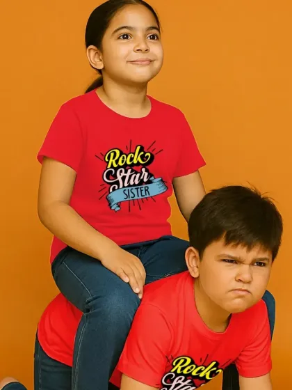 Matching "Rock Star Sister" and "Rock Star Brother" t-shirts for the ultimate sibling pair. A fun design for kids with big personalities.