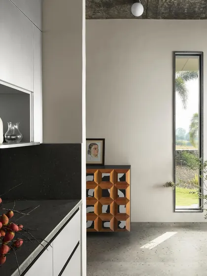 A duplicate image showing the kitchen and entry at Pavilion House, emphasizing the home's minimalist aesthetic and connection to the outdoors through strategically placed windows.