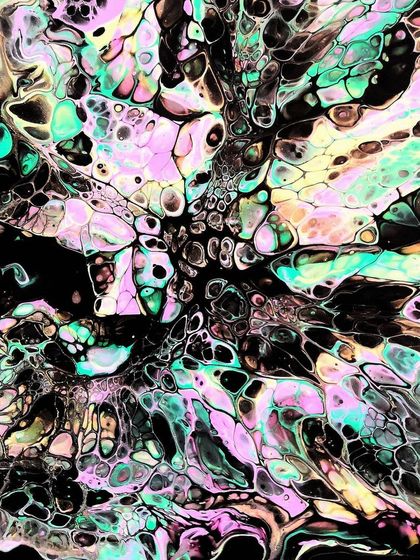 This piece is a pure exploration of the "cell" technique in fluid art. The pastel pinks and greens against the black create a psychedelic, microscopic world. It takes a lot of practice to get this effect.