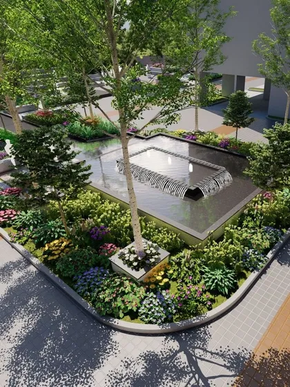 This conceptual view for a corporate campus shows a central water feature surrounded by dense, multi-layered planting. We design these spaces as focal points for large communities, blending the soothing qualities of water with vibrant horticulture.