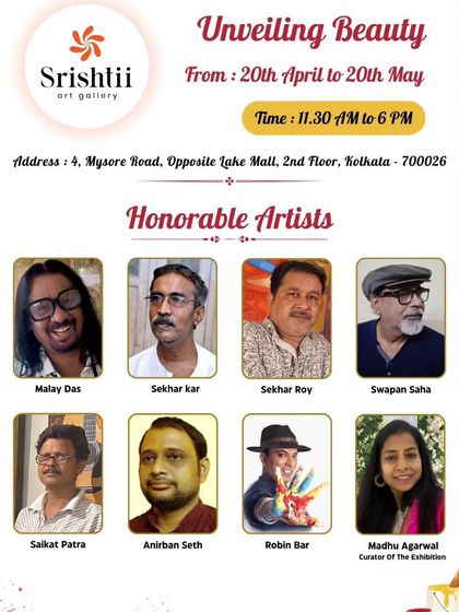 An invitation flyer for the 'Unveiling Beauty' exhibition, featuring photos of the honorable artists, including myself.