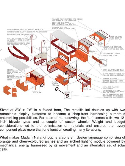 This exploded axonometric view details the cart's components. Every element is designed for efficiency and durability, from the retractable display platforms and protective polycarbonate sheet to the simple wheel system, optimizing materials and minimizing weight.