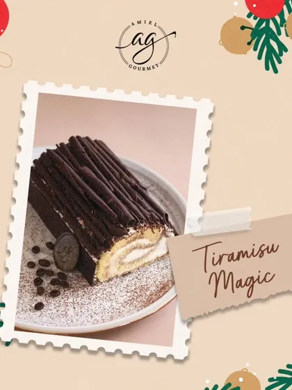 For a classic choice, my Tiramisu Magic Bûche offers the rich flavors of coffee and mascarpone, decorated with chocolate shavings and coffee beans.